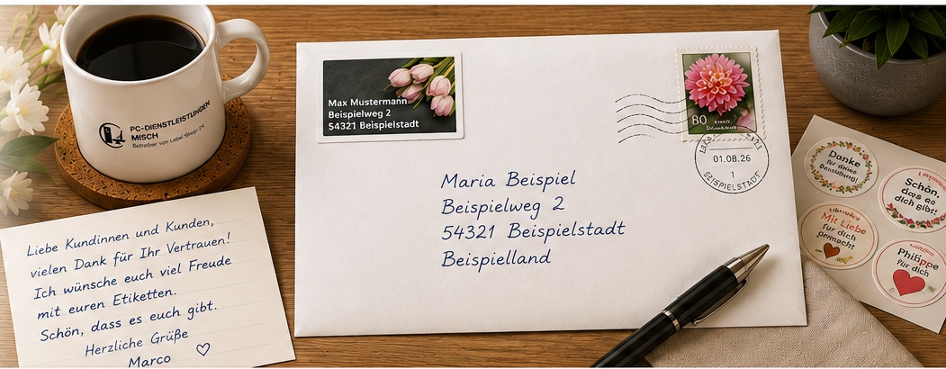 Beispielfoto: Schreibtisch mit Kaffeetasse, handgeschriebenem Brief, Umschlag mit Adresse, Tulpenetikett und Briefmarke